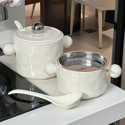 Coppa in ceramica a doppia maniglia con coperchio in acciaio inossidabile e microonde 1000 ml