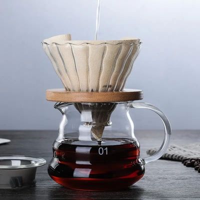 600ml Condividi la tazza da caffè a goccia in vetro con maniglia di legno resistente al calore Versare sopra la macchina da caffè