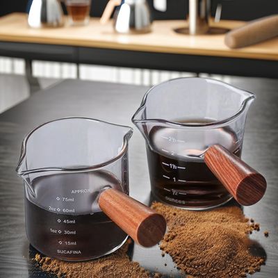 Coppa di vetro trasparente con maniglia di legno Coppa di caffè/latte a doppia bocca 75ml/150ml
