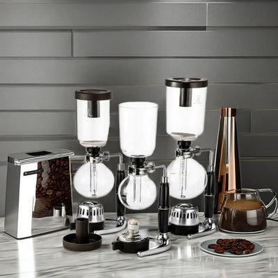 Macchina da caffè a sifone di tipo metallo in alluminio con vassoia da tè a vuoto e filtro di vetro