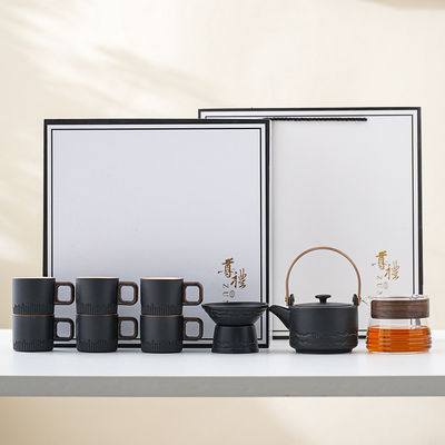 Set di tazze da caffè in porcellana in ceramica con maniglia in legno e logo personalizzato con glasso in gradiente