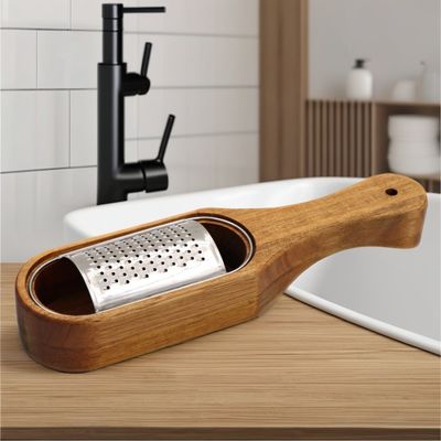 Contenitore in legno di acacia di acciaio inossidabile e grattugiatrice di formaggio per la preparazione rapida della cucina