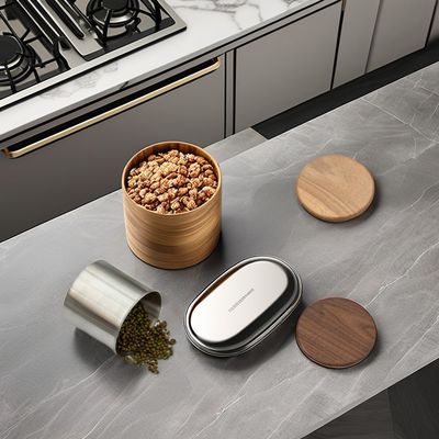 11/12/13/14cm Dimensioni Moderno Disegno Acciaio inossidabile Cisterna di stoccaggio a vuoto Coperchio di legno per chicchi di caffè Cereali di tè