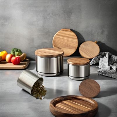 Vaso per la conservazione degli alimenti secchi 11 cm in acciaio inossidabile Barattolo di caffè a vuoto con coperchio di legno per cucina