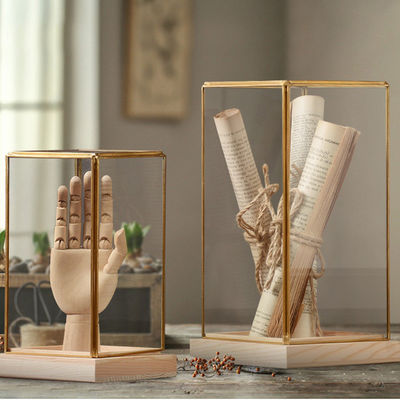 Home Decoration Pieces Luxury Nordic Glass Display Box con margine in ottone Base in legno Logo personalizzato