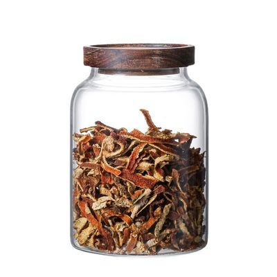 Vaso di vetro a coperchio di legno funzionale per la conservazione di condimenti alimentari in ristoranti e feste