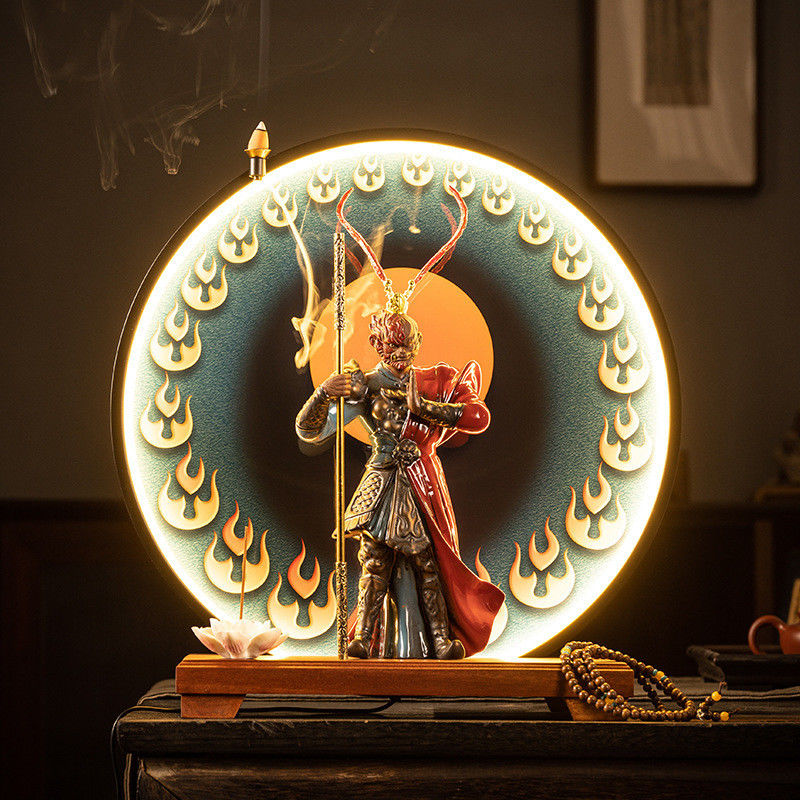 Scultura per decorazioni d'interni 2024 Porta incenso in ceramica nera Sun Wukong con luce a LED