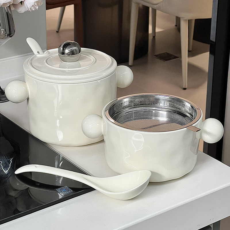 Elegante scodella di noodle in ceramica da 1000 ml con doppio manico e coperchio in acciaio inossidabile Ideale