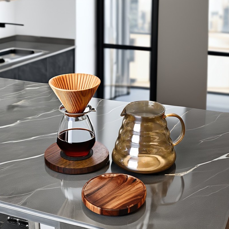 Vetro di borosilicato marrone versare sulla macchina da caffè con gocciolante trasparente e set di pentole