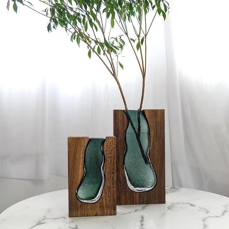 Decorazione da tavolo in vetro verde scuro con vaso floreale per ufficio o camera da letto cinese moderna