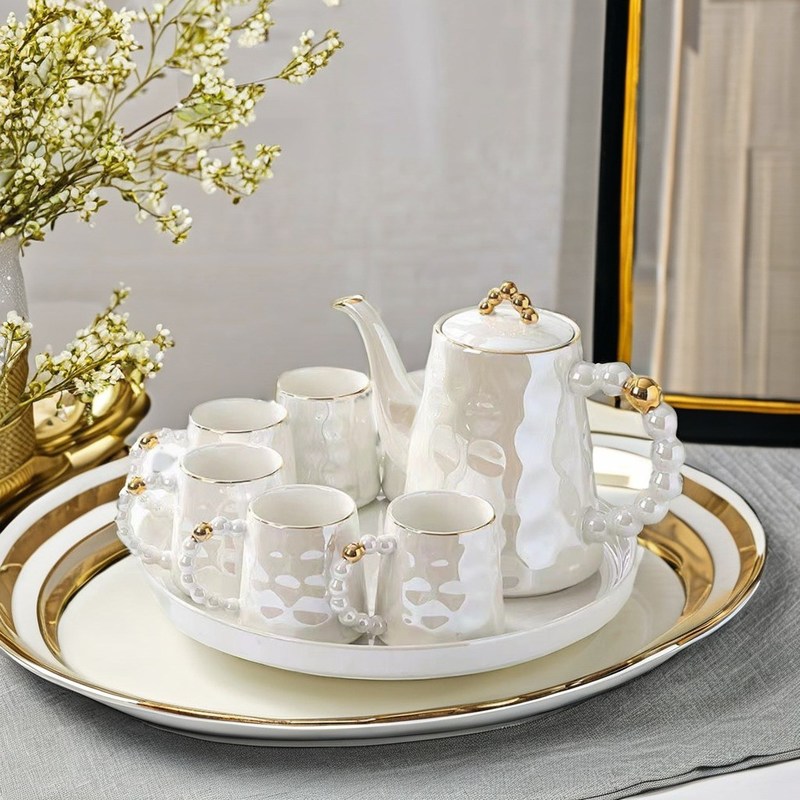 Stylish Pink Pearl Ceramic Coffee Mug Set con piatto e tazza da tè in bambù Capacità 1300ml