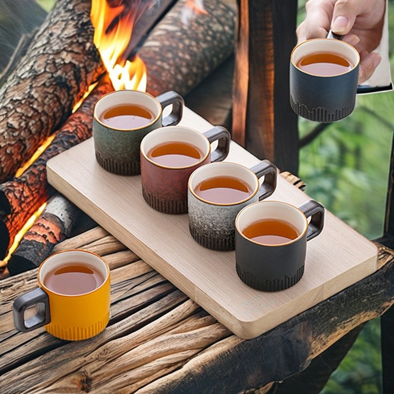 Tazza da caffè impilata con maniglia e cucchiaio in legno Set rustic nordico 50 ml tazza in ceramica