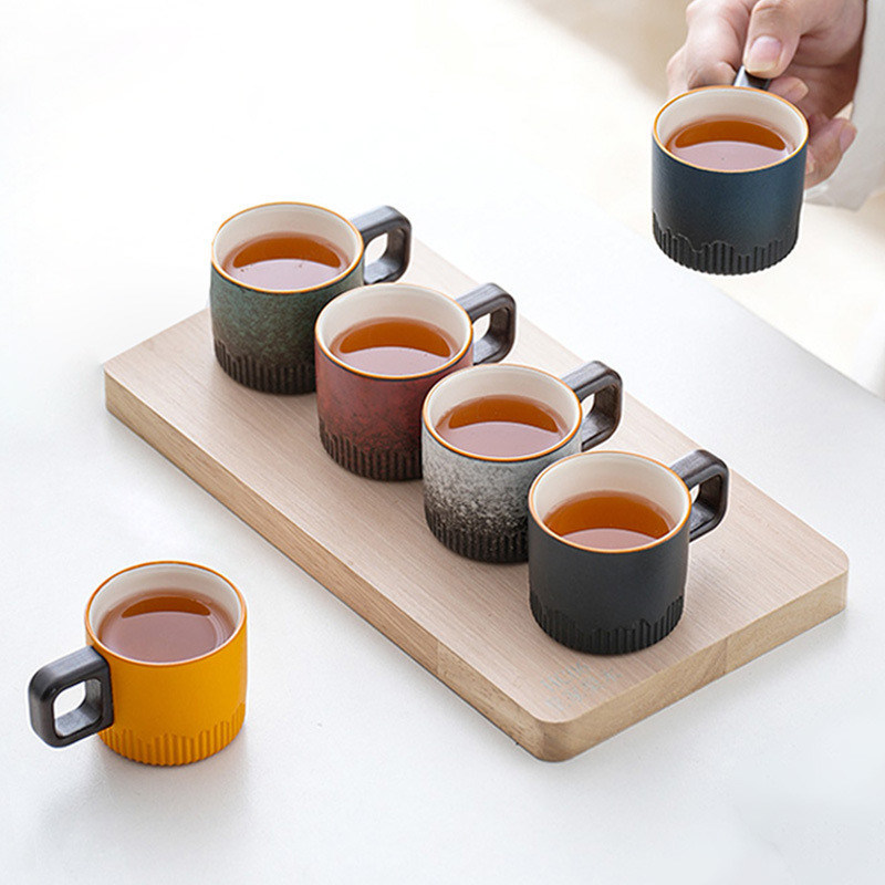 Tazza di ceramica nordica portatile da 50 ml con presa a mano in legno e doppia struttura per gli amanti del caffè